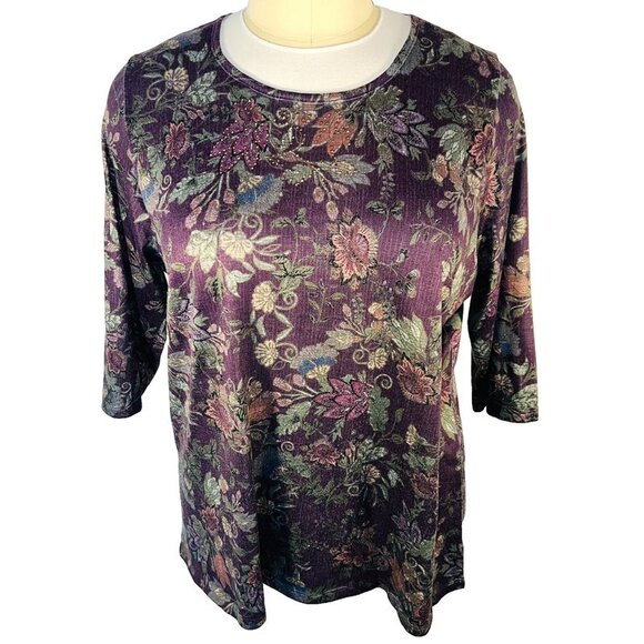 CJ Banks - Knit Top Women's 2X Purple Green Vintage Floral Roud Neck 3/4 Sleeve - Picture 1 of 11